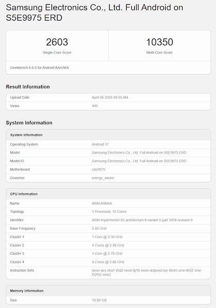 Exynos 2700 teste no Geekbench