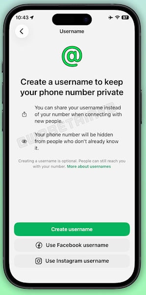 WhatsApp, tela de nome de usuário