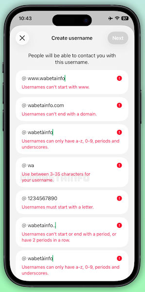 WhatsApp, tela de nome de usuário