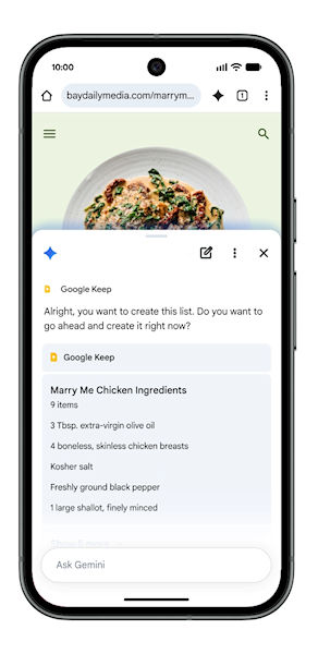 Chrome Gemini anotação de receita no Google Keep
