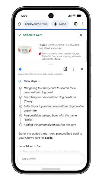 Chrome Gemini navegação automática