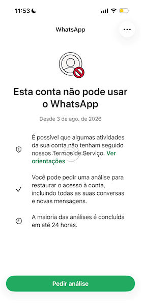 WhatsApp bug “Esta conta não pode usar o WhatsApp desde 3 de ago. de 2026”