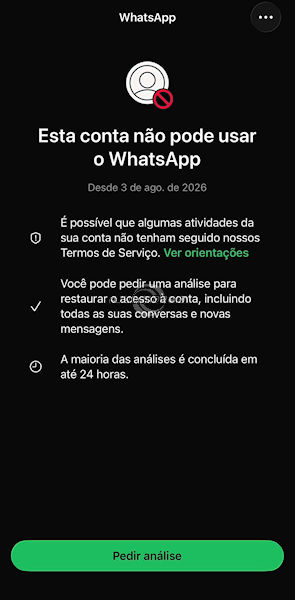 WhatsApp bug “Esta conta não pode usar o WhatsApp desde 3 de ago. de 2026”