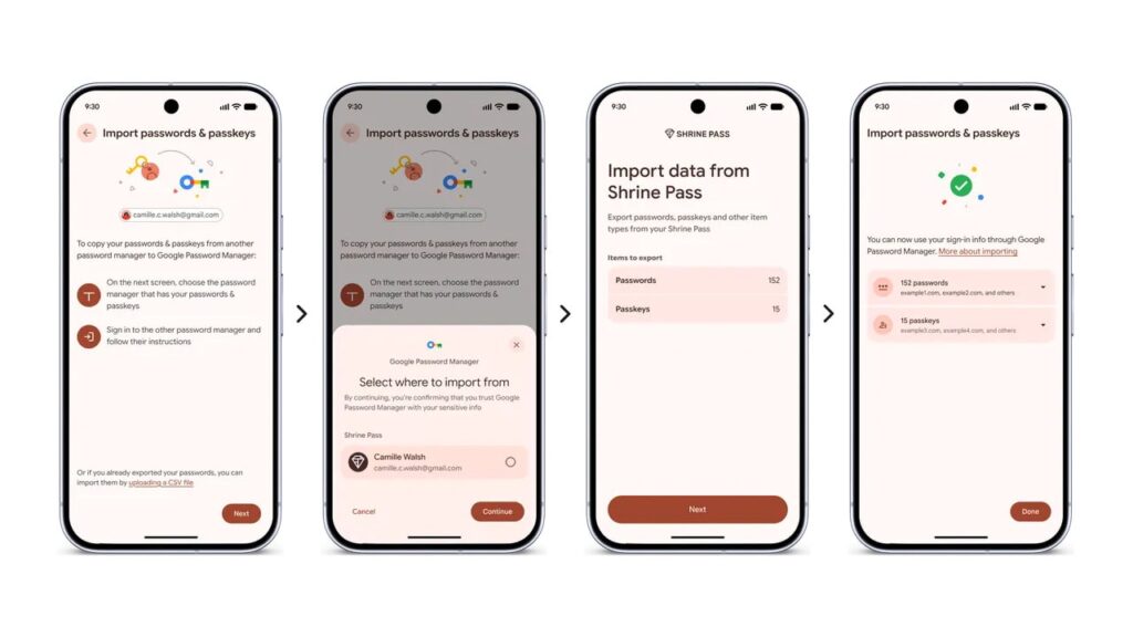 Android, transferência de senhas e chaves de acesso para outros aplicativos