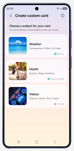 One UI 9 Now Brief com cartões personalizados