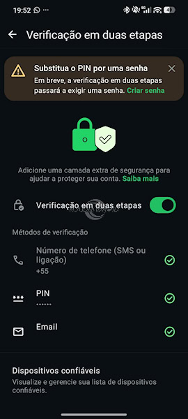 WhatsApp, verificação em duas etapas na tela de substituir PIN por senha