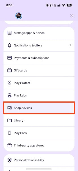 Google Play Store seção Comprar dispositivos